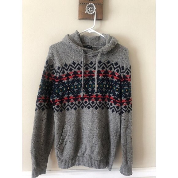 American Eagle Mens Size Medium Seriously Soft Hooded Sweater Fair Isle Gray - Picture 1 of 5